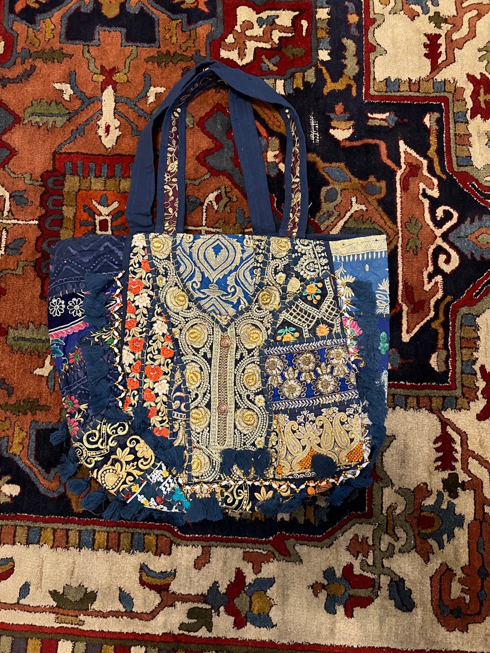 Boho Embroidered Navy Patchwork Tote Bag